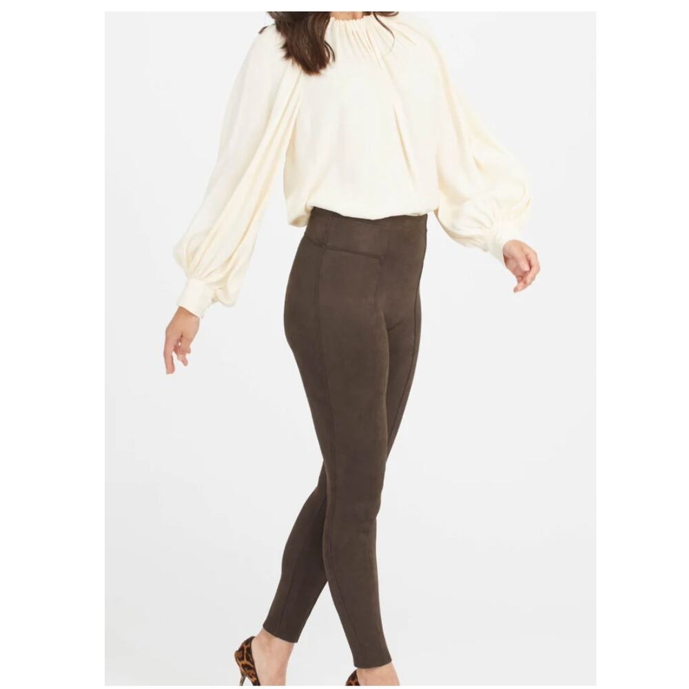 Spanx Chocolate Brown Faux Suede Leggings Size Small Slimming Tummy Control